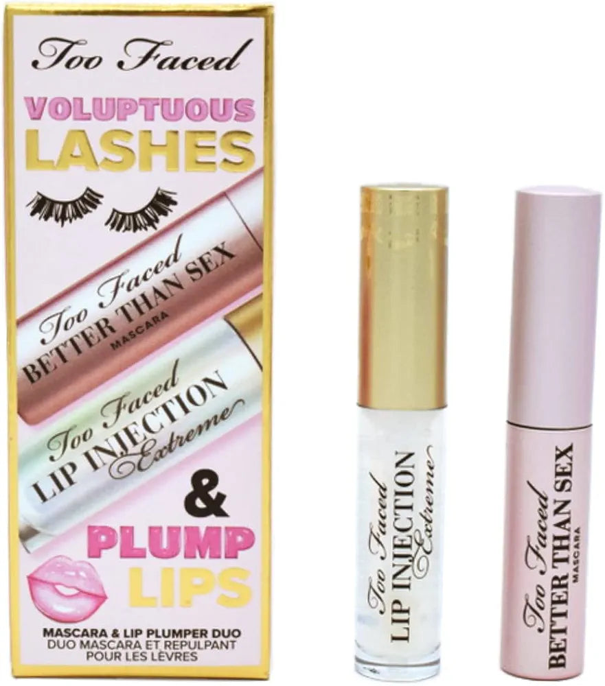 Too Faced Voluptuous Lashes & Plump Lips Mascara & Lip Duo Mini Makeup Gift Travel Size Set:: Better Than Sex Mascara for Volumizing Lashes, Lip Injection Extreme Lip Gloss Plumper